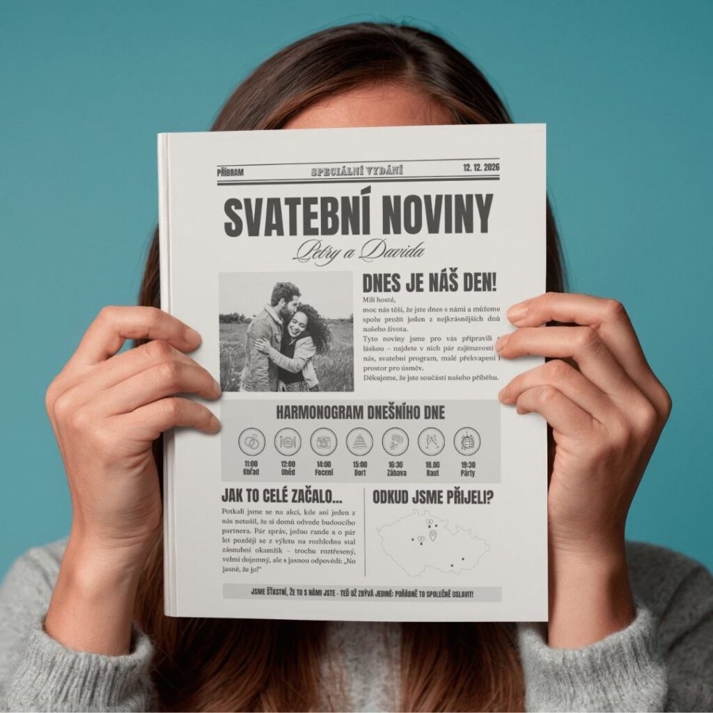 šablona svatebních novin v canvě, upravitelná šablona minimalistická