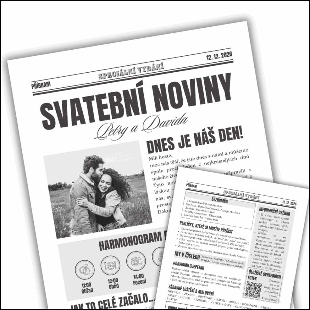Minimalistické svatební noviny v Canvě, elegantní čistý design, 2 strany, jednoduché upravení