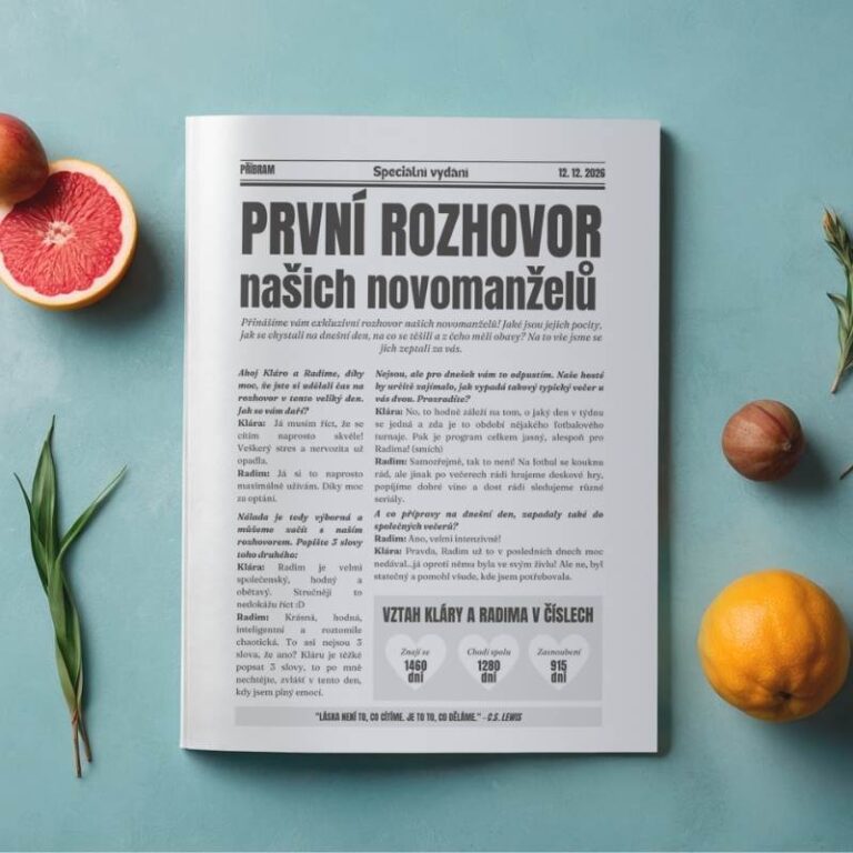 šablona svatebních novin Canva info koutek kniha hostů