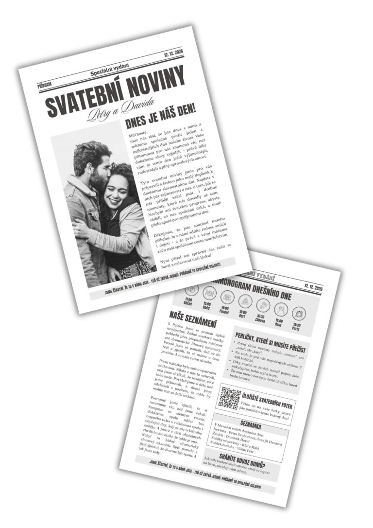 Jednoduchá šablona svatebních novin MINI snadno upravitelná v Canvě Free