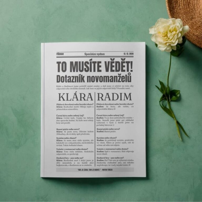 Šablonva svatebních novin canva dotazník novomanželů