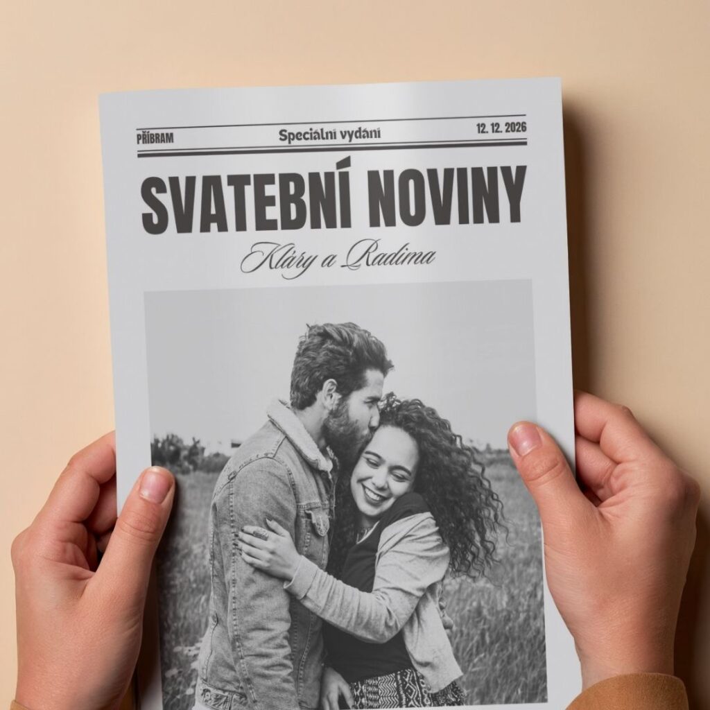Elegantní šablona svatebních novin Canva ve verzi Exclusive – náhled designu.