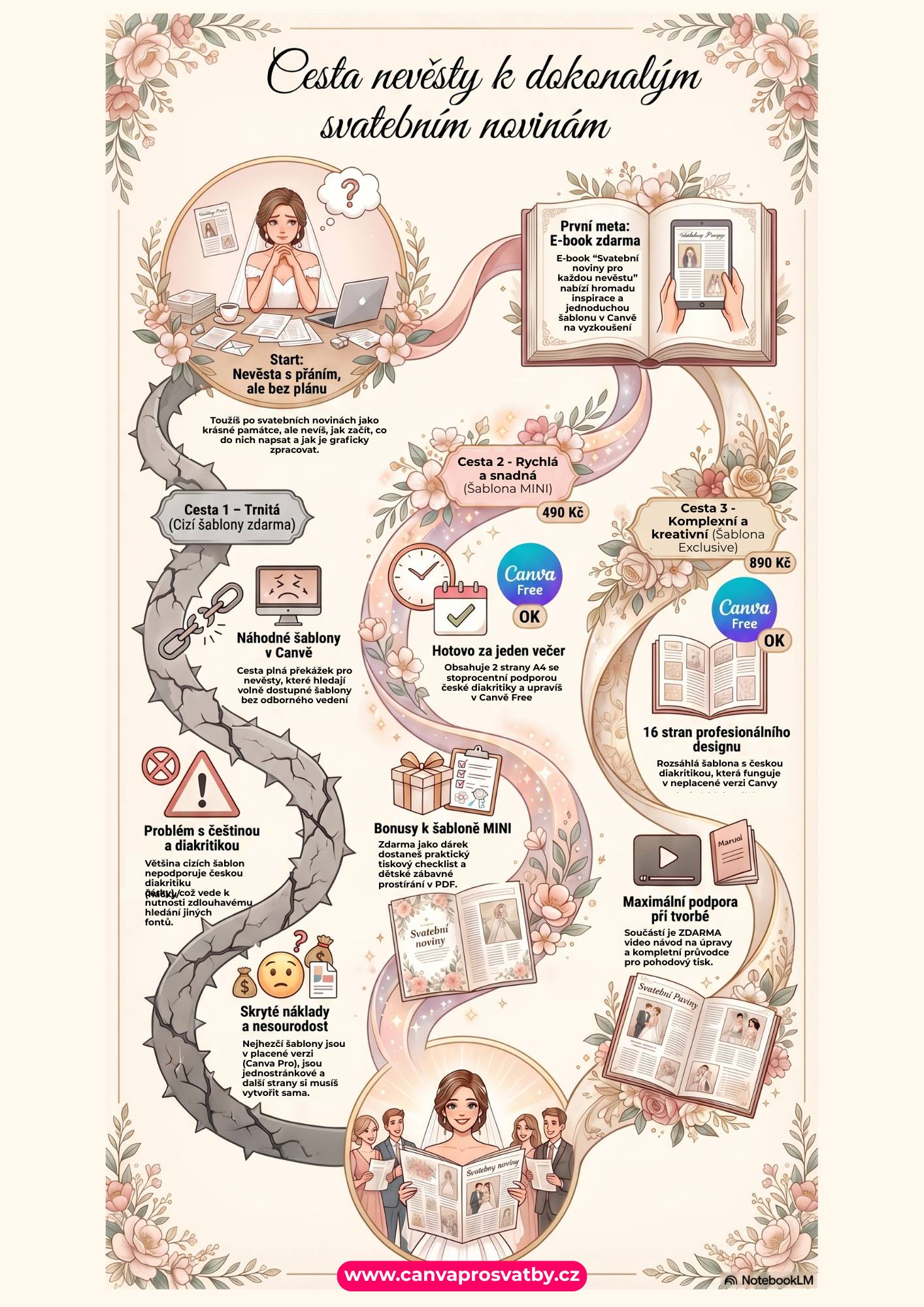 Svatební noviny šablona zdarma – infografika srovnání cest