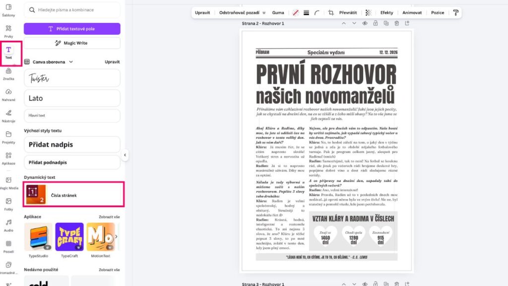 jak vytvořit svatební noviny – číslování stránek v Canvě, funkce Čísla stránek