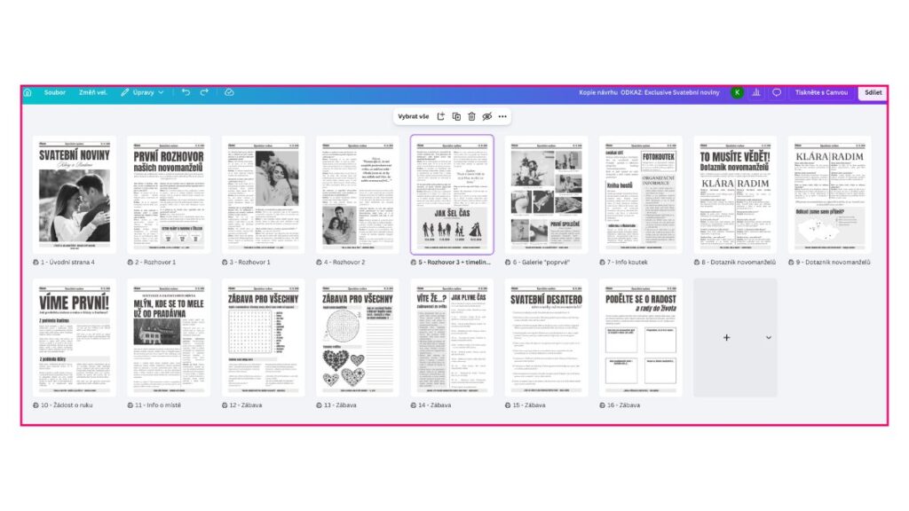 jak vytvořit svatební noviny – přehled všech 16 stránek šablony Exclusive v mřížkovém zobrazení Canvy