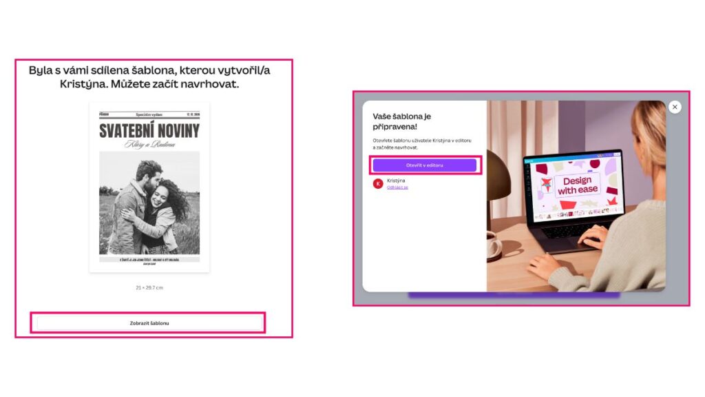 jak vytvořit svatební noviny – otevření šablony v Canvě, tlačítko Otevřít v editoru