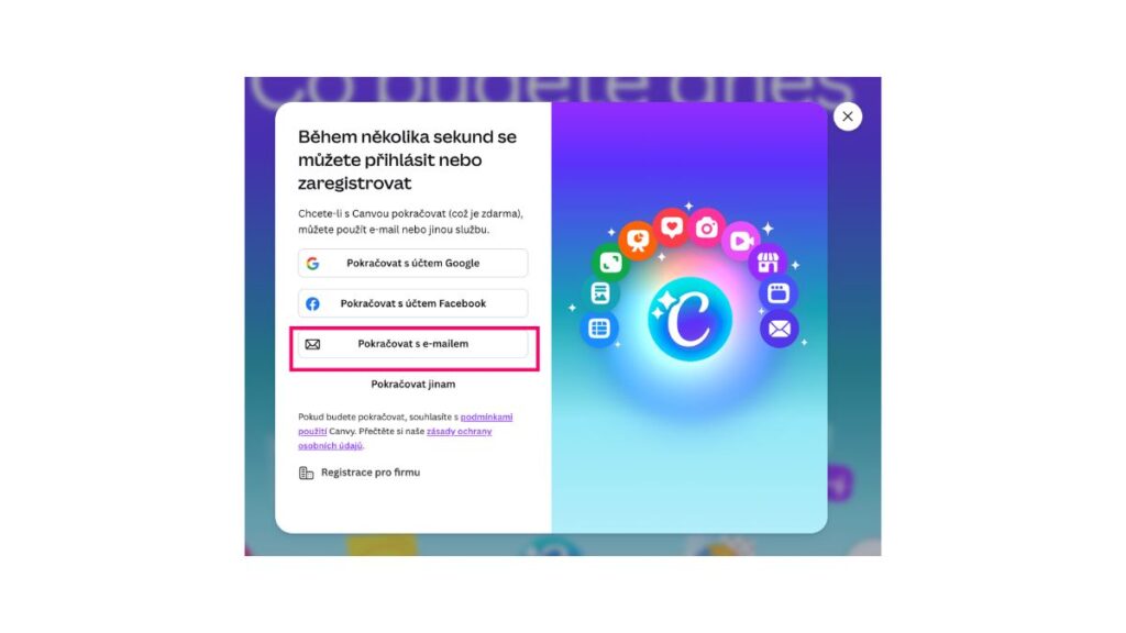 jak vytvořit svatební noviny – registrace do Canvy přes e-mail