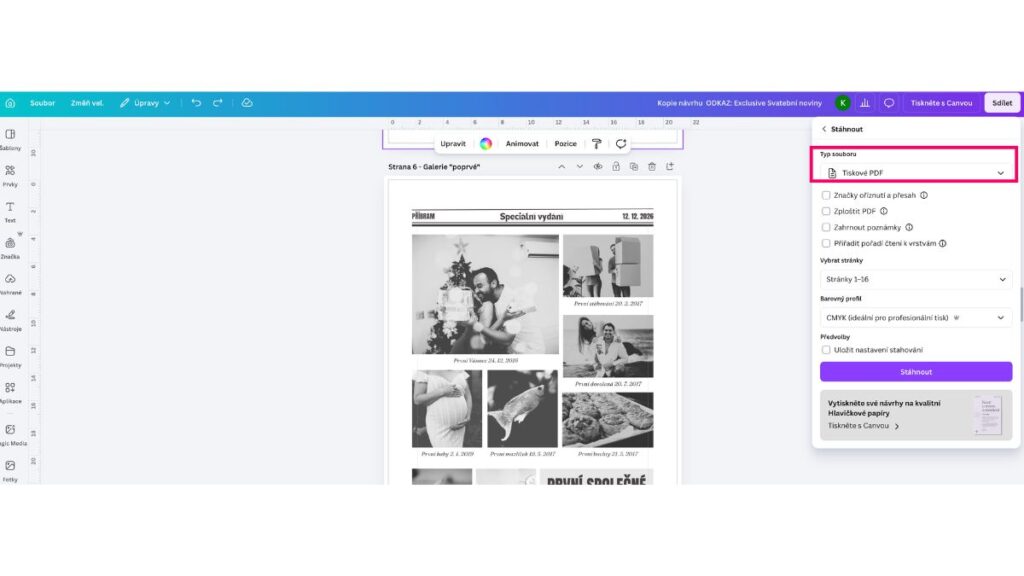 jak vytvořit svatební noviny – export jako tiskové PDF z Canvy