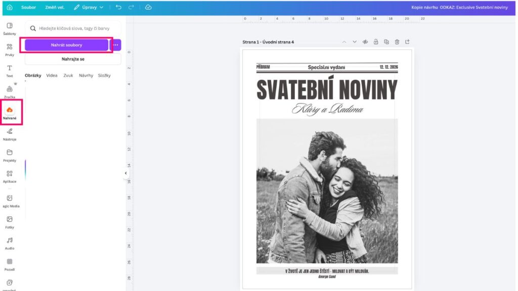 jak vytvořit svatební noviny – jak nahrát vlastní fotku do canvy