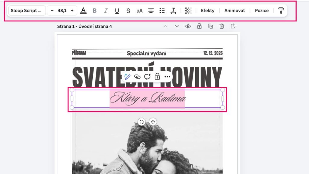 jak vytvořit svatební noviny – úprava textu v šabloně v Canvě