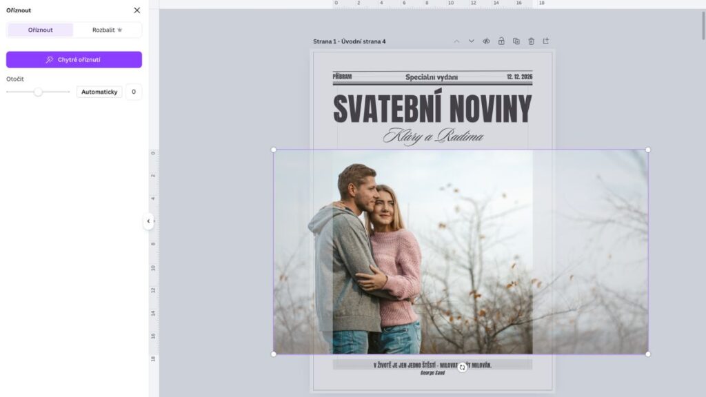 jak vytvořit svatební noviny – úprava a oříznutí fotografie v Canvě