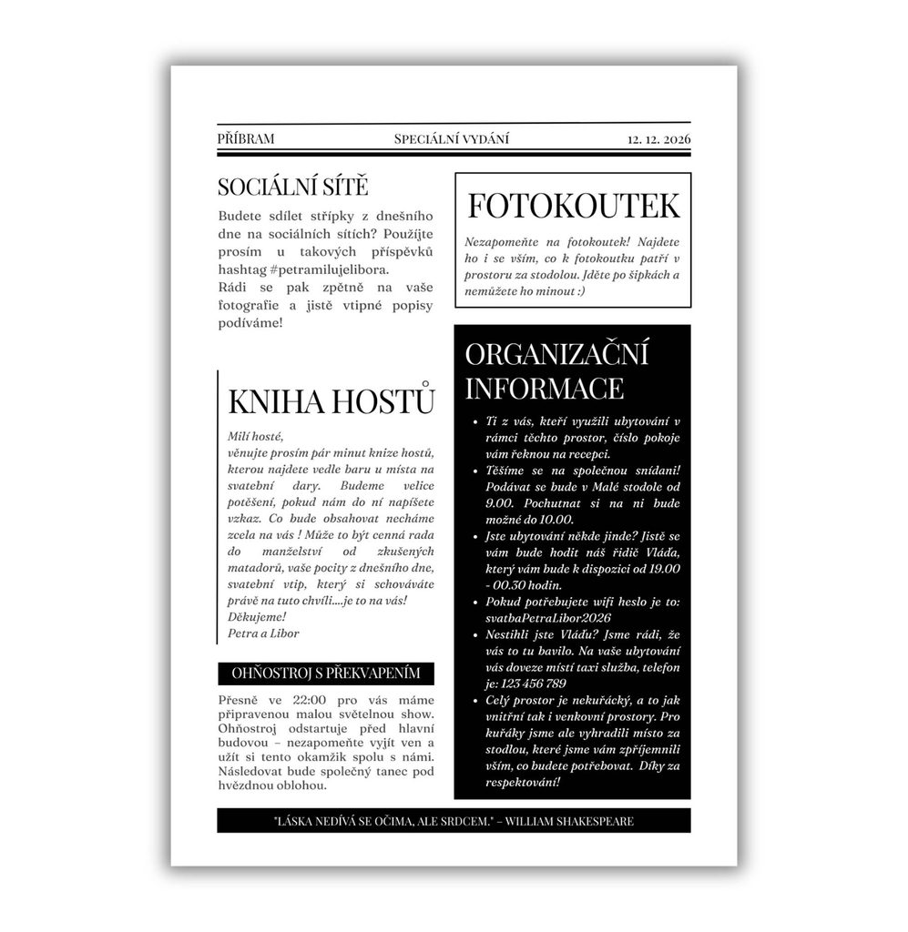 Svatební noviny vzor v elegantním stylu – strana s organizačními informacemi, knihou hostů a fotokoutkem
