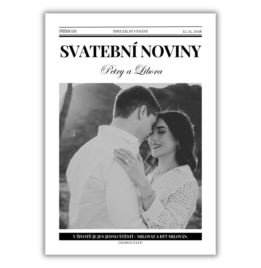 Svatební noviny vzor v elegantním stylu – černobílá úvodní strana s patkovým písmem a černým pruhem s citátem