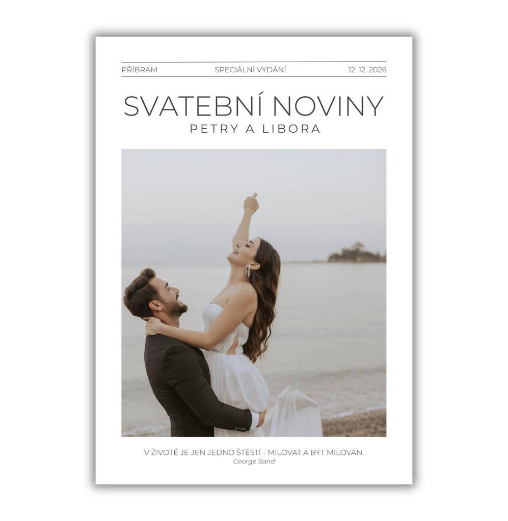 Svatební noviny vzor v minimalistickém stylu – úvodní strana s tenkým bezpatkovým písmem a velkou fotkou