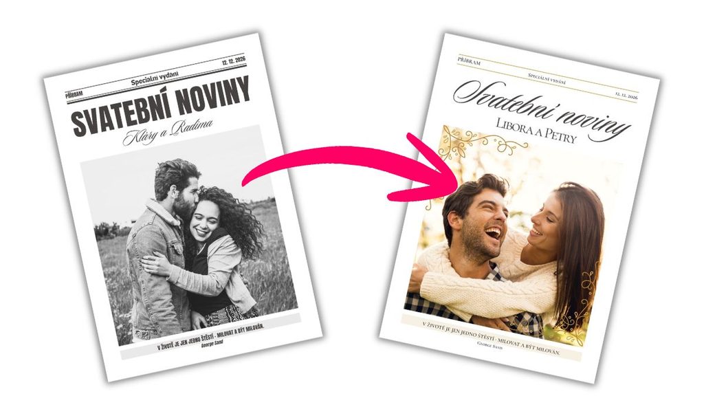 Svatební noviny vzor – originální černobílá šablona a upravená romantická verze v Canvě