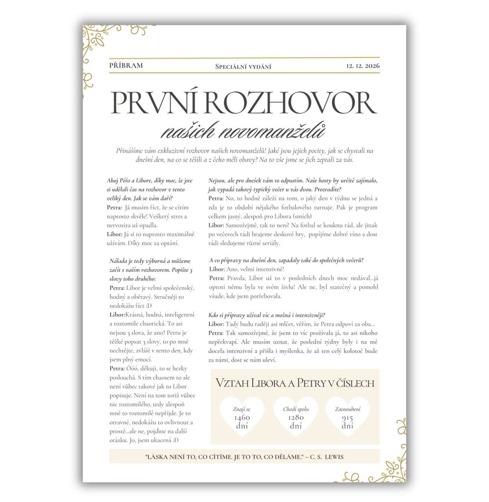 Svatební noviny vzor v romantickém stylu – strana s rozhovorem novomanželů a vztahem v číslech