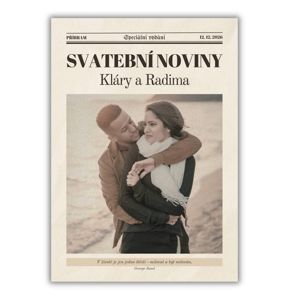 Svatební noviny vzor ve vintage stylu – úvodní strana se sépiovou fotkou a texturou starého papíru