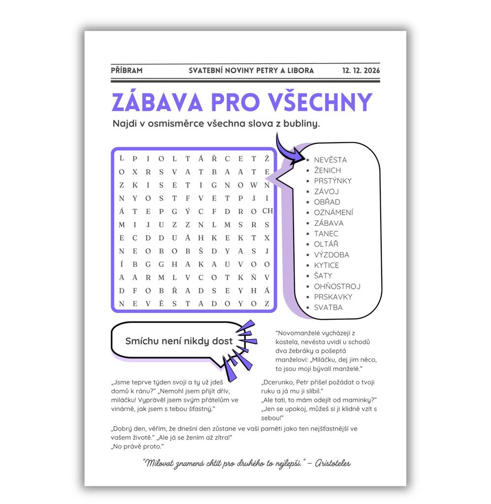 Svatební noviny vzor ve vtipném stylu – strana Svatební zábava s osmisměrkou a vtipy