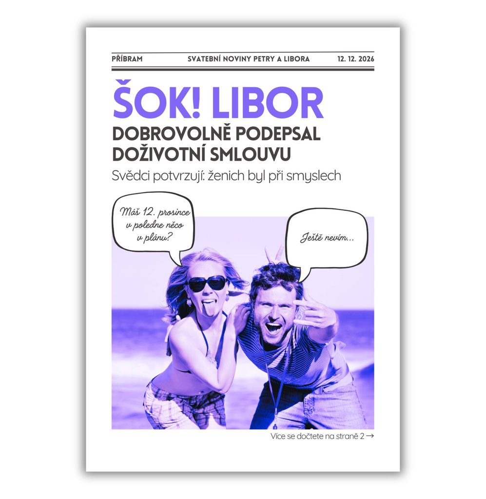 Svatební noviny vzor ve vtipném stylu – úvodní strana s bulvárním titulkem a komiksovými bublinami
